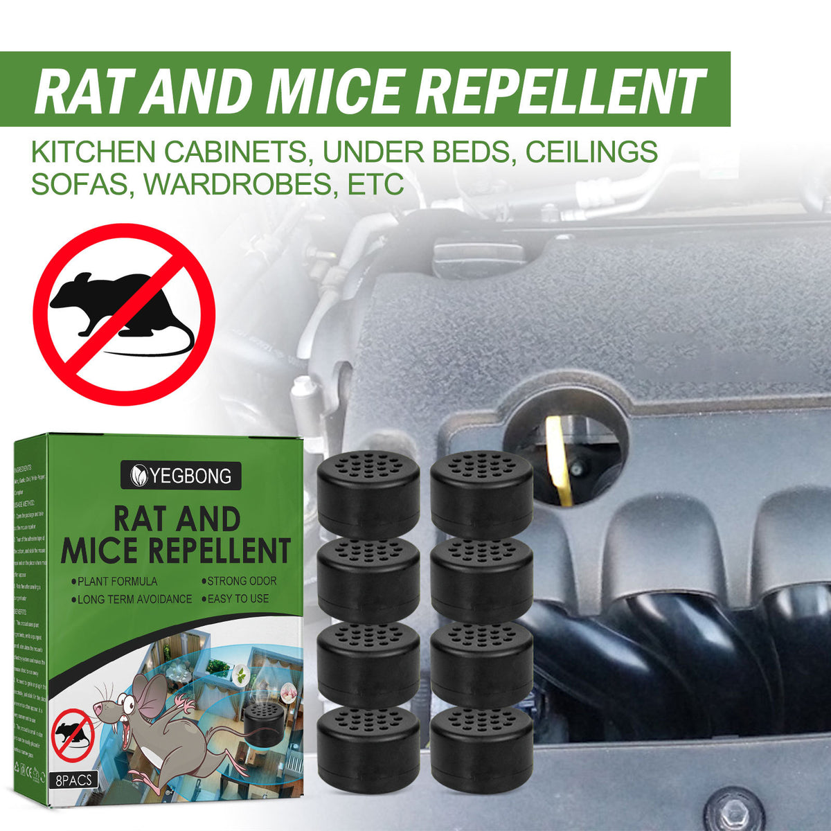 Yegbong 8 stuks muizenwerende pillen muizenverdrijvende tabletten voor auto, keuken, kantoor, slaapkamer, magazijn, rioolbuis ratten- en muizenverjager
